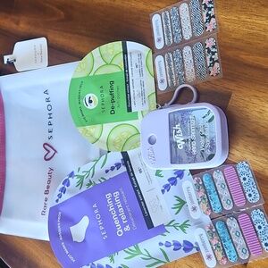 Sephora Self-Care Footmask, De Puffing Mask,Bag, Hand Sanitizer, Nail Wraps .